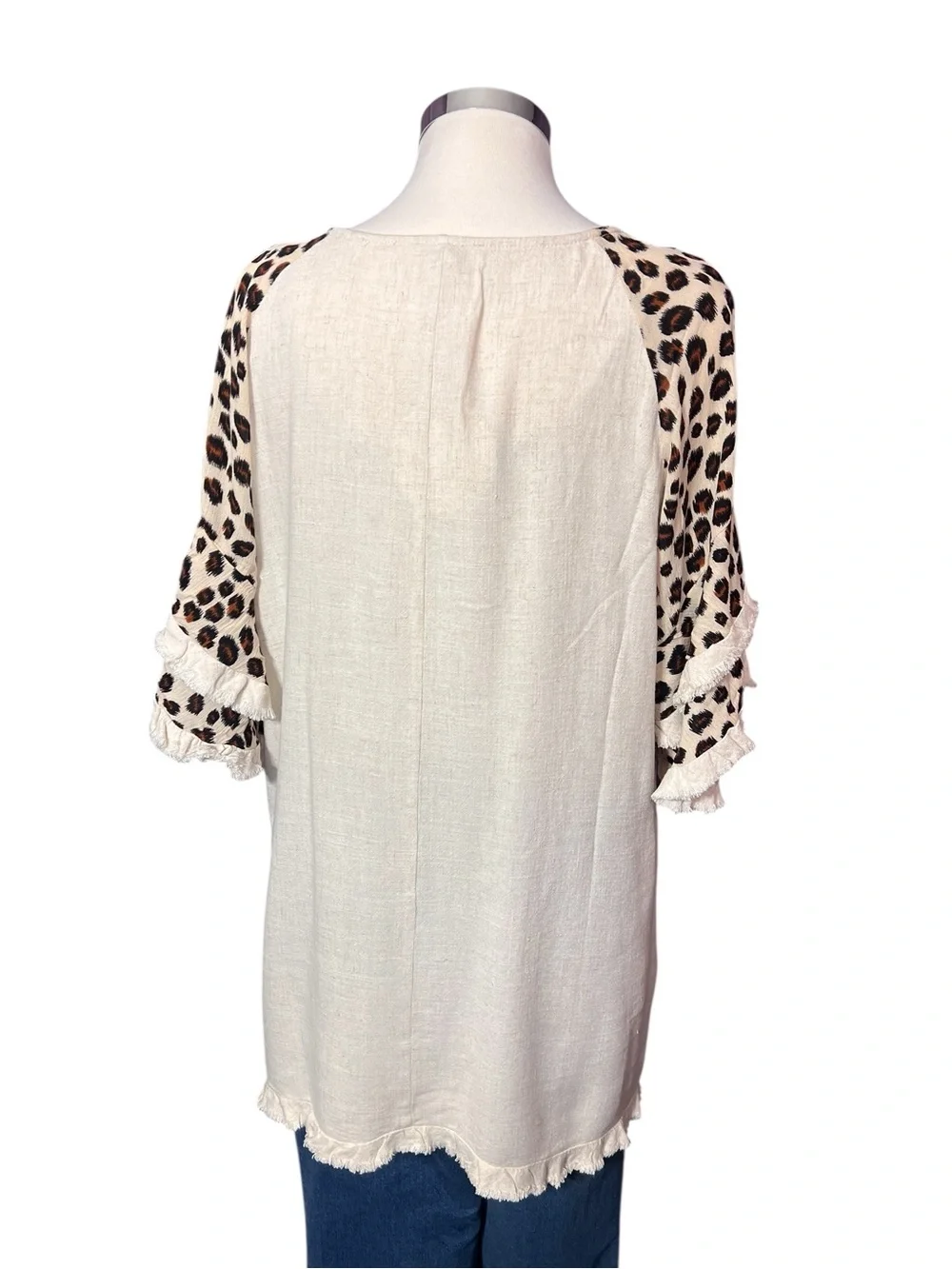 Umgee Cotton Beige Leopard Sleeve Top - Picture 3 of 9